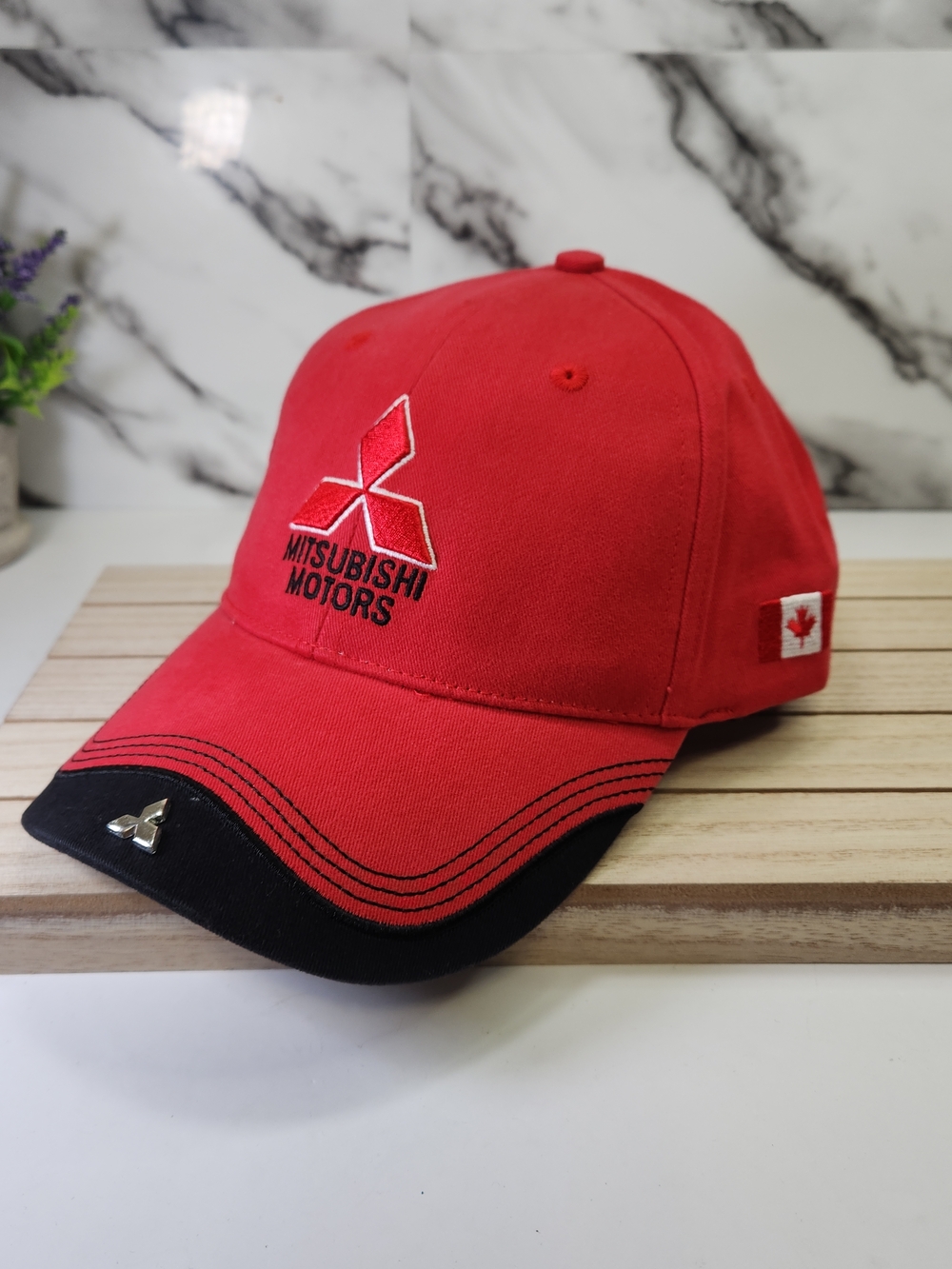 Mitsubishi Motors Red & Black Logo Canadian Flag. Baseball Cap